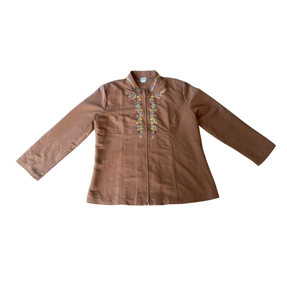 Brown Floral Embroidered Zip Front Jacket Sz L Fall Chic Boho Western Prarie